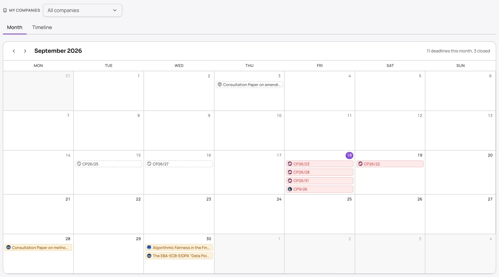 The Compliance deadlines calendar for September 2026, with FCA and PRA consultation deadlines on 18 and 19 September, each on the day it closes.