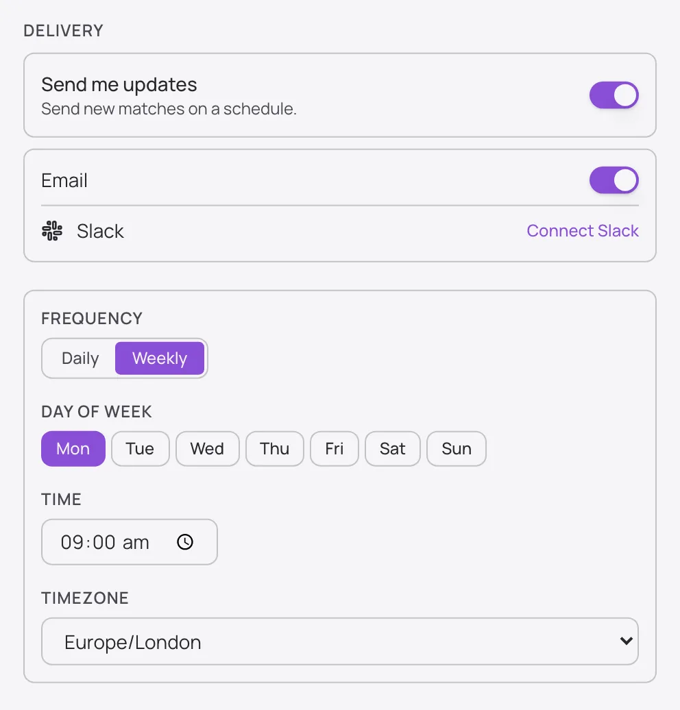 The delivery settings for a saved filter: email or Slack, daily or weekly, on the day, time and timezone you choose.