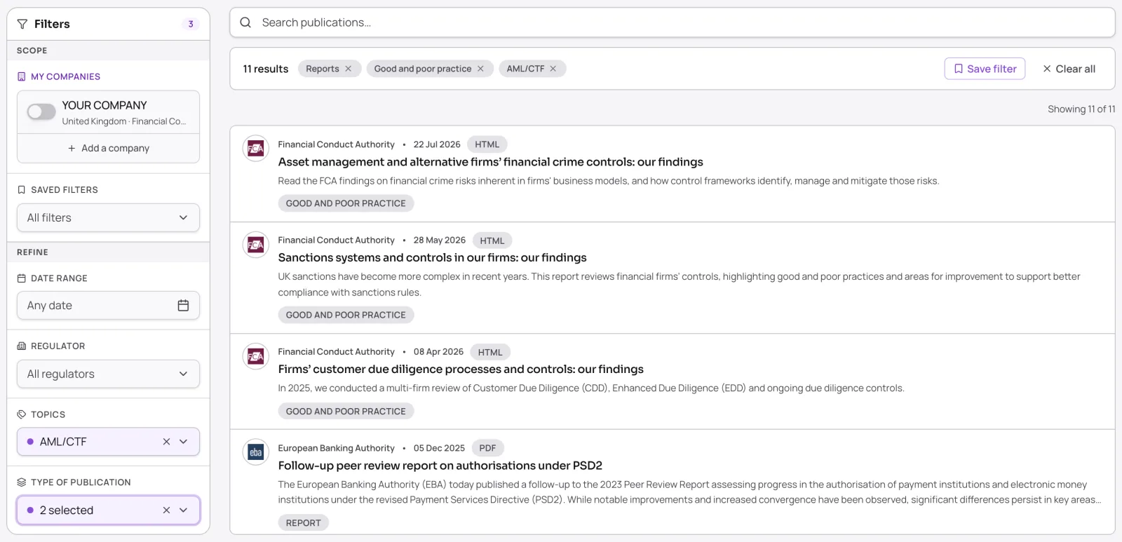 The Revealed Inbox filtered to the AML/CTF topic and two types of publication, showing 11 results from the FCA and the EBA, with a Save filter button.