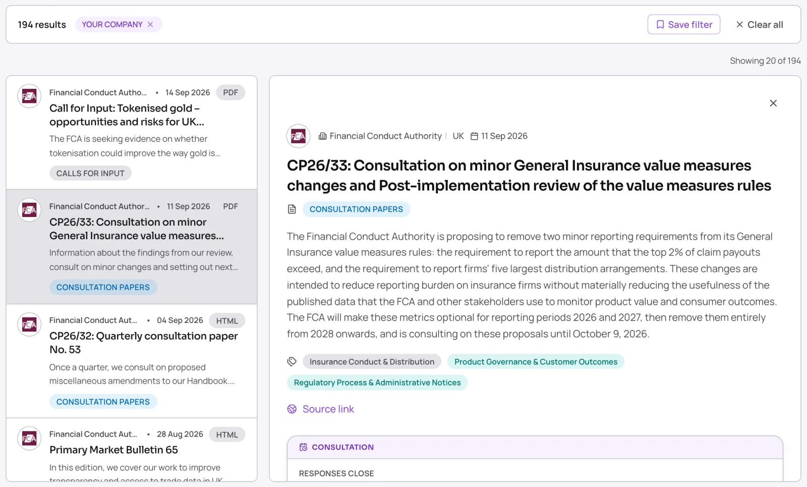 An FCA consultation open in the Revealed Inbox, with its summary, topics and source link, in an Inbox narrowed to one company.